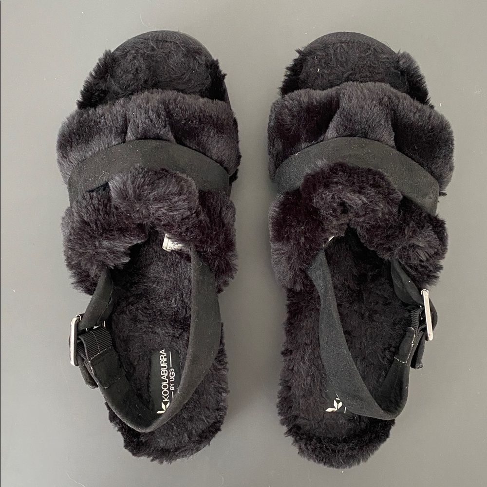 Koolaburra by UGG Fuzz'd Out faux fur slide sandals Sz 10 adjustable heel strap